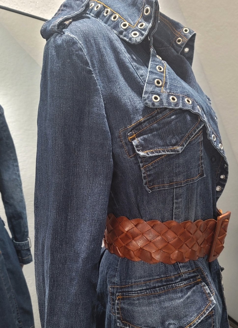 Denim robe-dress with silver eyelets on rivets, L. Sold without a belt